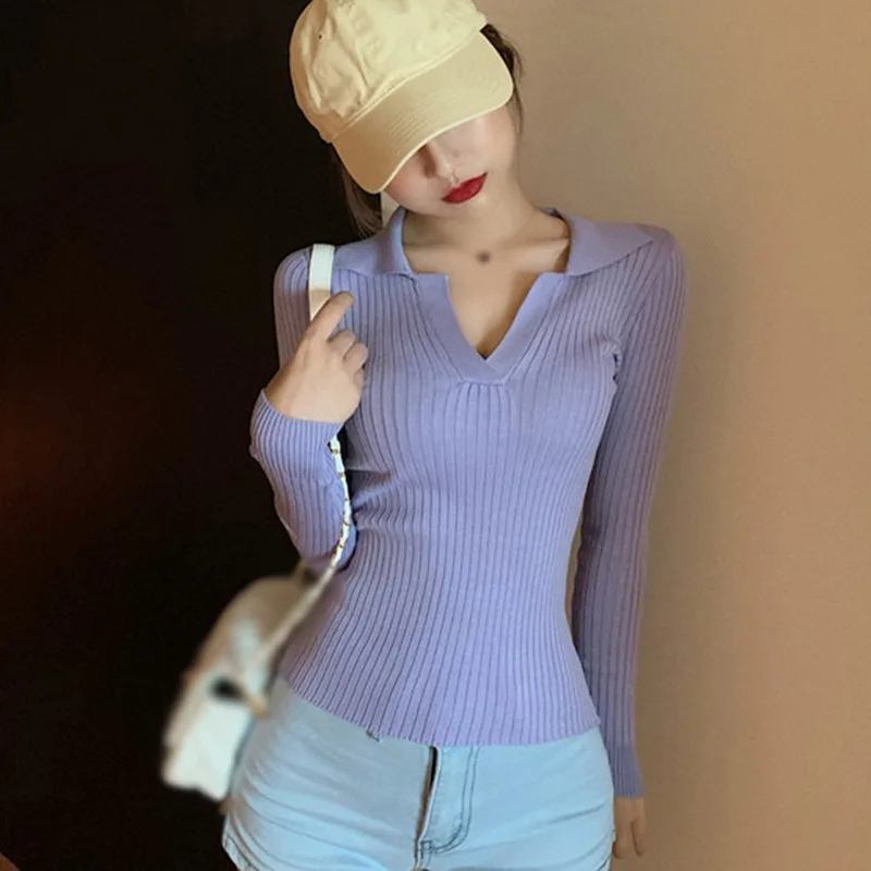 Women Solid Color Lapel Sexy Tight Casual Knitted Long Sleeve Breathable T-Shirts