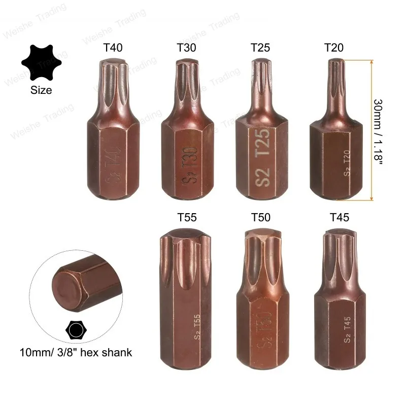 T20 T25 T27 T30 T35 T40 T45 T50 T55 M5 M6 M8 M10 M12 Screwdriver Bit Hex Shank 30mm S2 Steel Security Tamper Proof Head Bit view 3