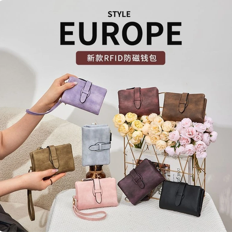 

PU leather women's RFID portable solid-color three-fold short large-capacity zipper buckle women's coin purse