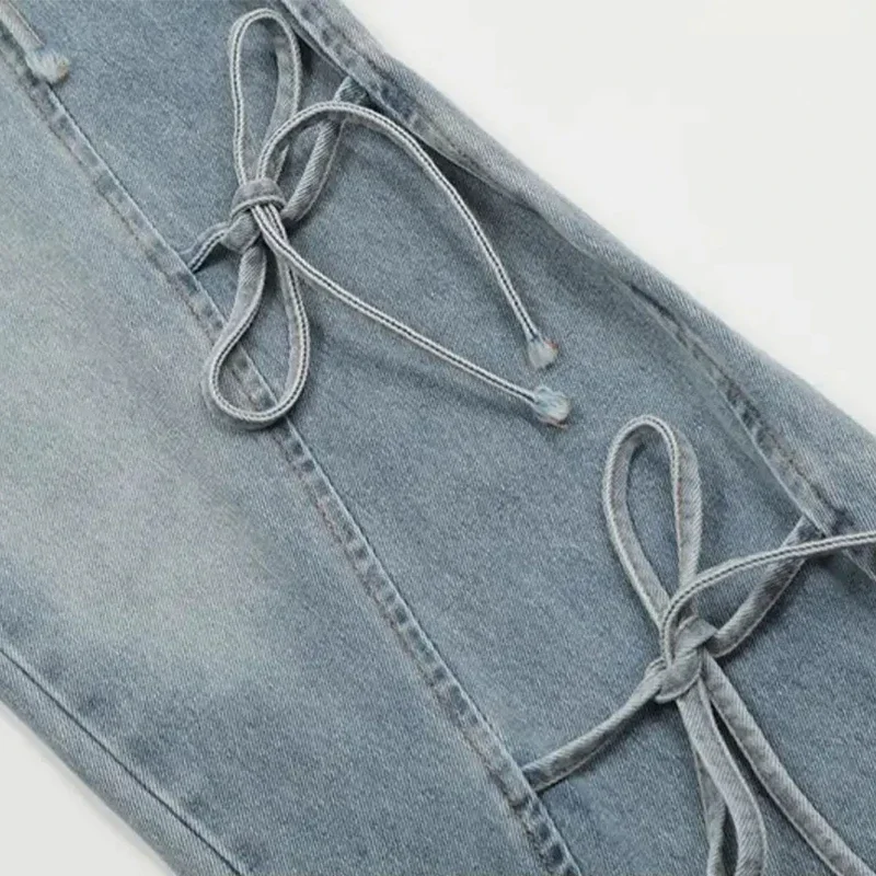 Jeans legati con papillon da 1 pezzo per donna Pantaloni larghi larghi versatili retrò americani Pantaloni casual a gamba dritta