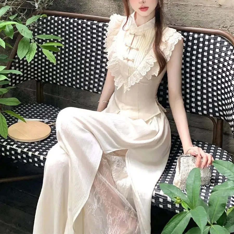 Traditional Chinese White Stand Collar Pan Button Lace Spliced Sleeveless Cheongsam Dress 2pcs Women Elegant Tea Party Dresses