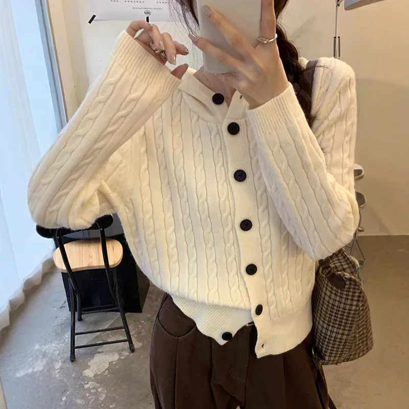 Women Knit Cardigan Sweater Hoodies Long Sleeve Jumpers Single Breasted Solid Sweaters Warm Thick Casual Spliced Basis Autumn