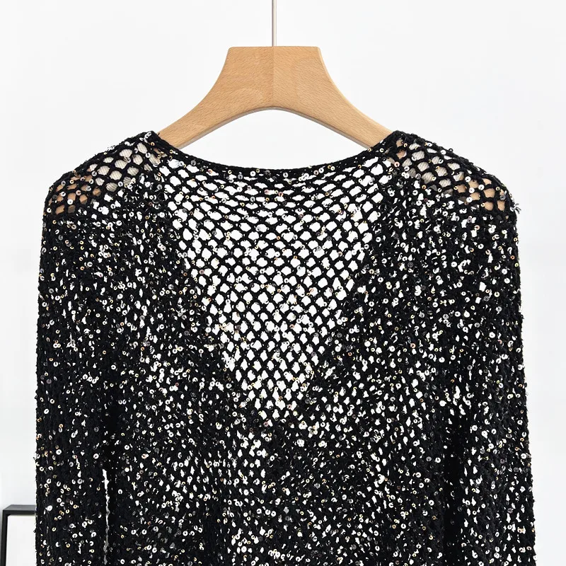 25 Cárdigan de mujer de primavera y verano con cuello en V y manga larga con cuentas de punto de seda hueca