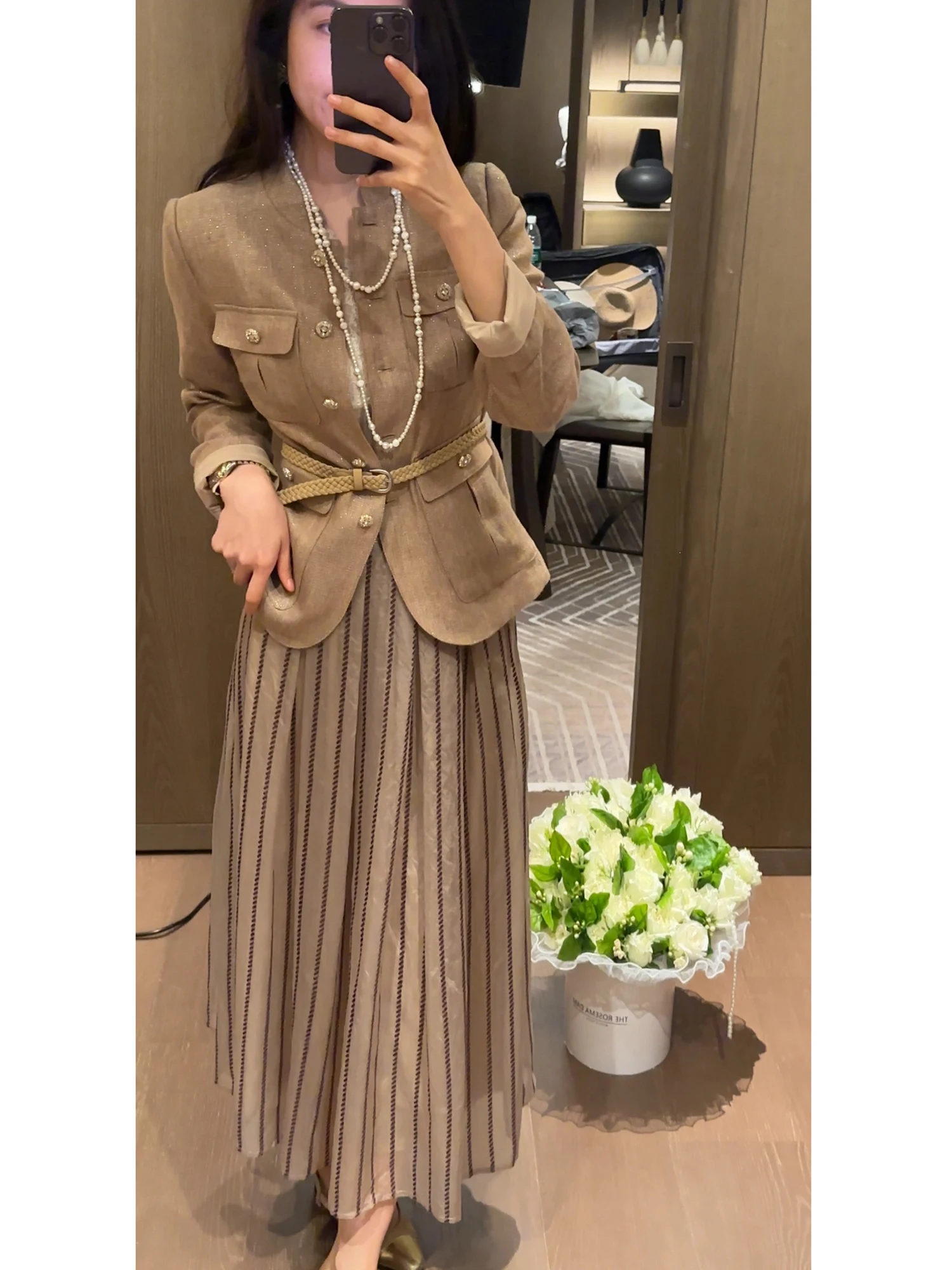 

2NCOU Spring 2026 Fashionable Linen Rayon Jacket Skirt Pants Set Elegant Old Money Style Women's Clothing Midi Length
