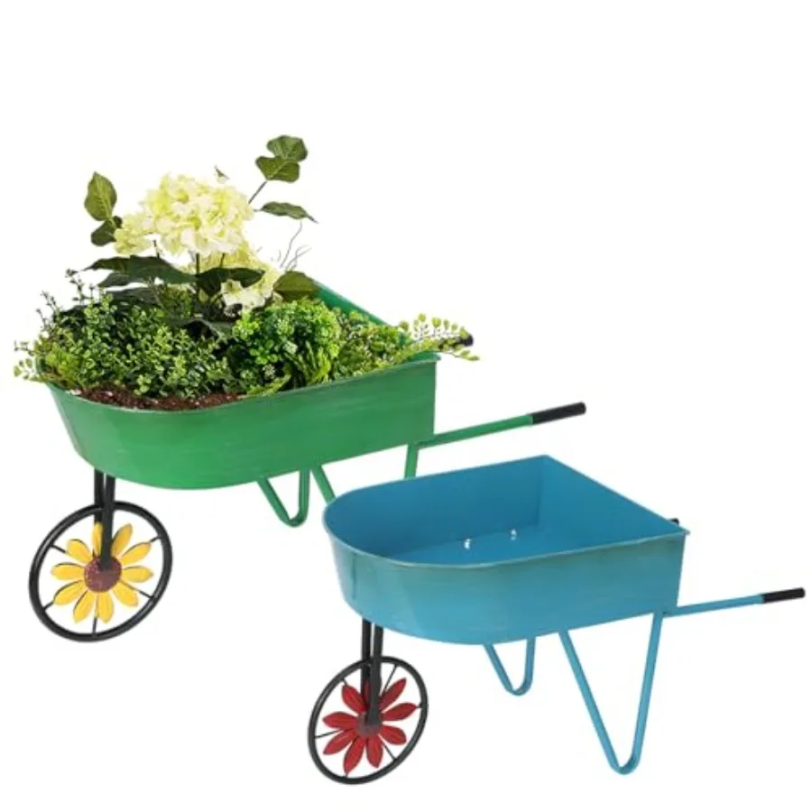 

Metal Wheelbarrow Flower Cart Planter 2 Packs Plant Stands with Triangular Support Handles Non-Rolling Wheel Vintage Wagon Plan