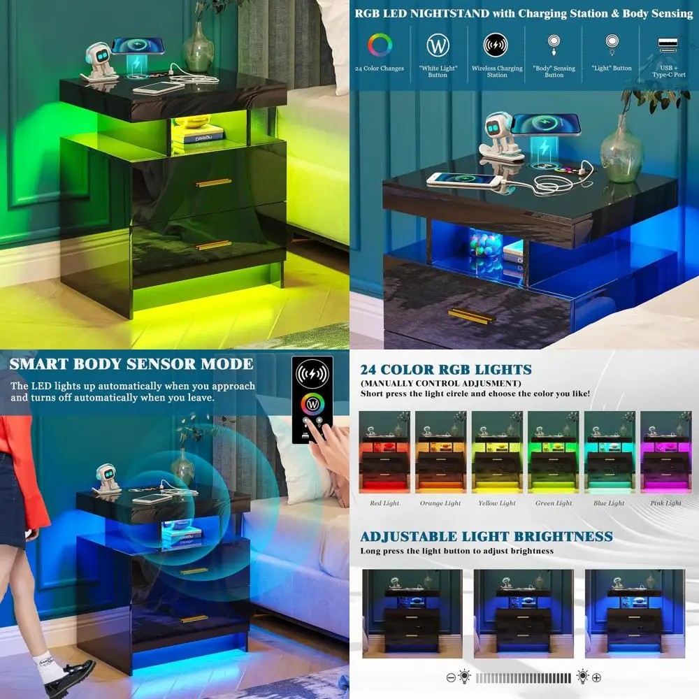 Mesita de Noche Iluminada de Alto Brillo con Carga USB/Inalámbrica, Cajones de Almacenamiento LED, Mesa Auxiliar de Dormitorio RGB (Negra)