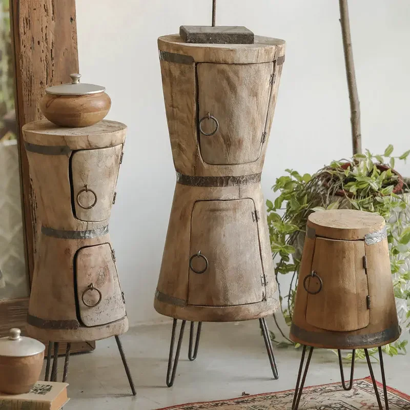Double-layer funnel flower pot storage cabinet, solid wood flower rack, storage rack, wabi-sabi style floor-standing ornament