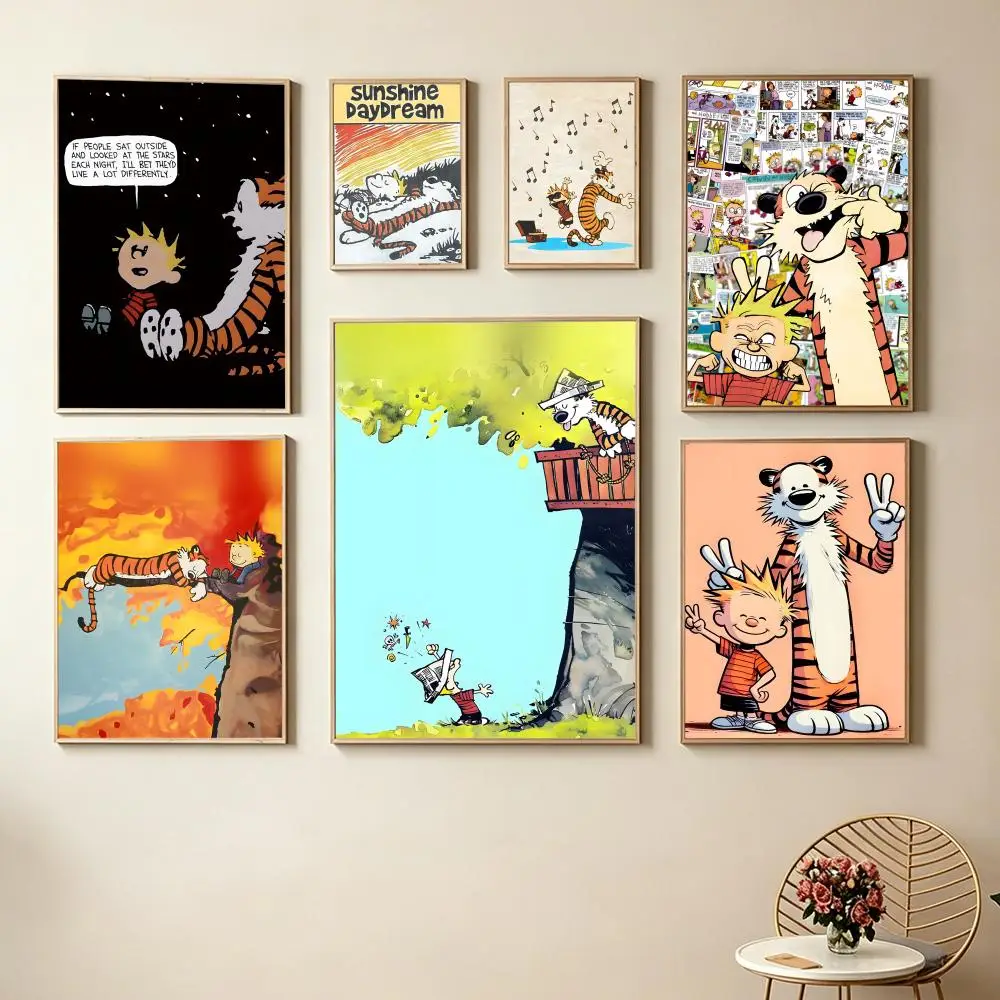 Póster clásico de cómic de Calvin y Hobbes, pegatina artística de pared impermeable para Bar, sala de estar, decoración de habitación Vintage, alta calidad