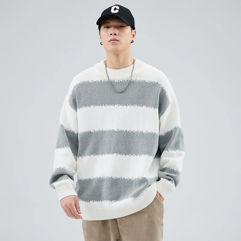 

Loose Men's Knitted Sweater round Ne Stripe Base Layer Warmth Autumn Winter Lazy Sle Casual Faion Japanese Sle Knitwear