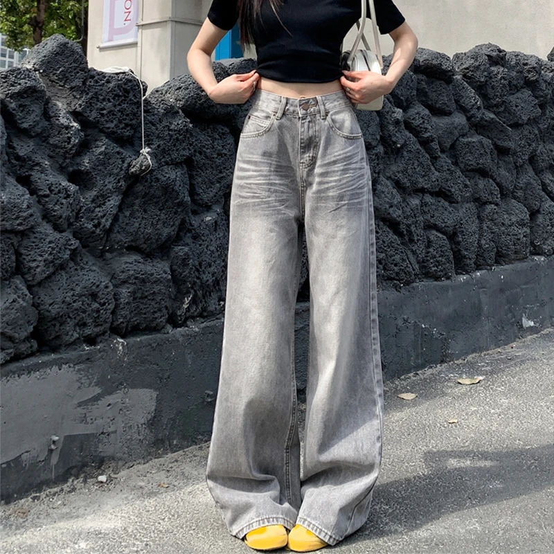 

2025 Autumn Women's Y2K Jeans Dongdaemun Light Grey Whiskered Denim Pants Oversized Straight Leg Drag Floor Length Casual 2613