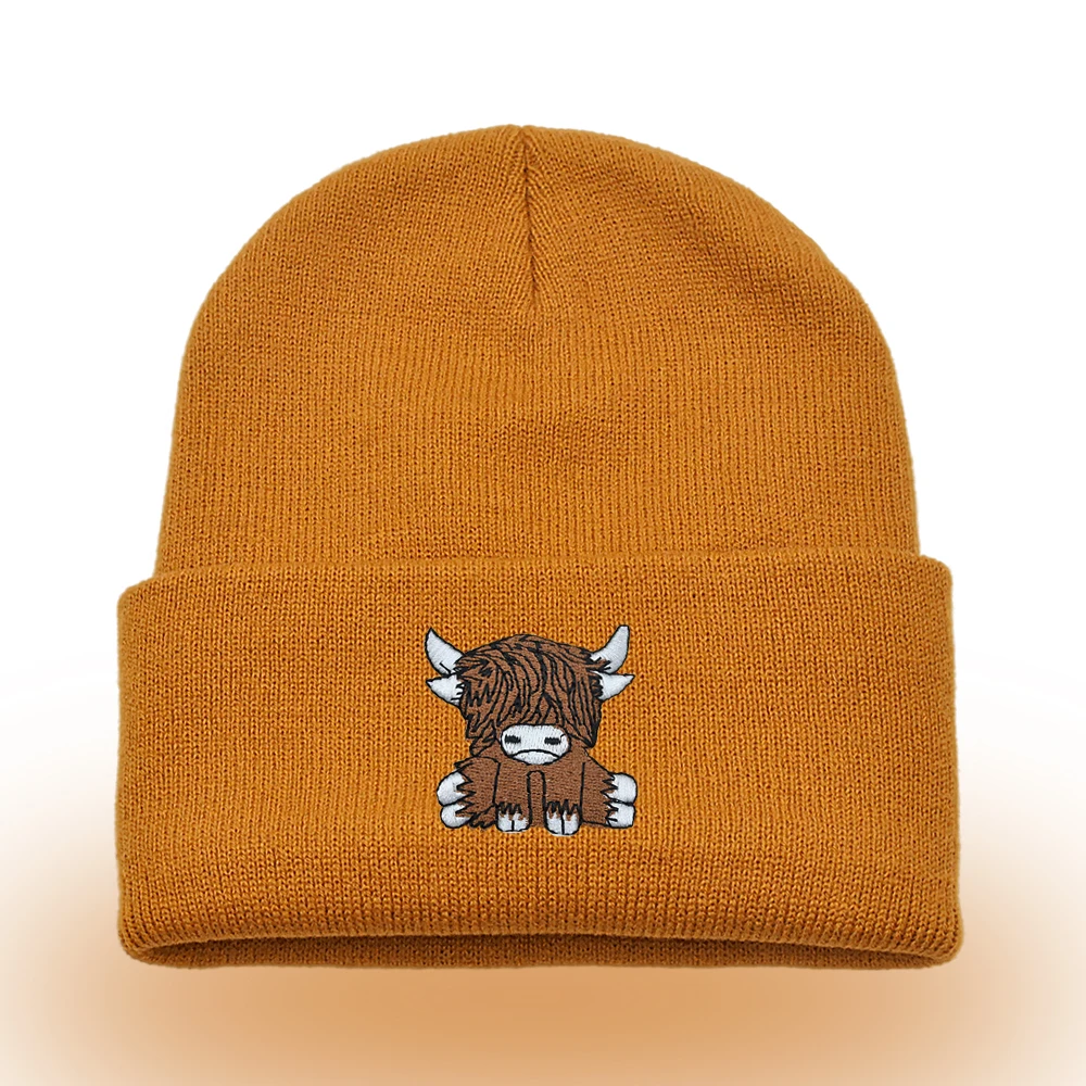 Scottish Highland Cow Beanie Embroidered Cute Scotch Cow Knitted Hat Autumn Winter Warm Hip Hop Hat Unisex Ski Hat