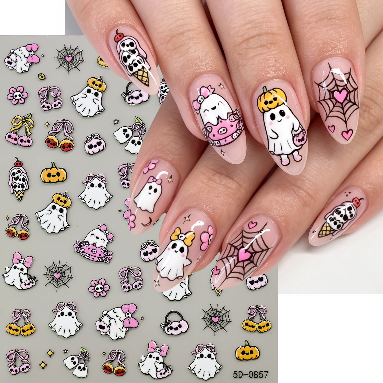 1Pcs Halloween 5D Embossed Nail Stickers Kawaii Ghost Pumpkin Spider Web Bow Nail Decal Cute Cartoon Festival Party Manicure DIY