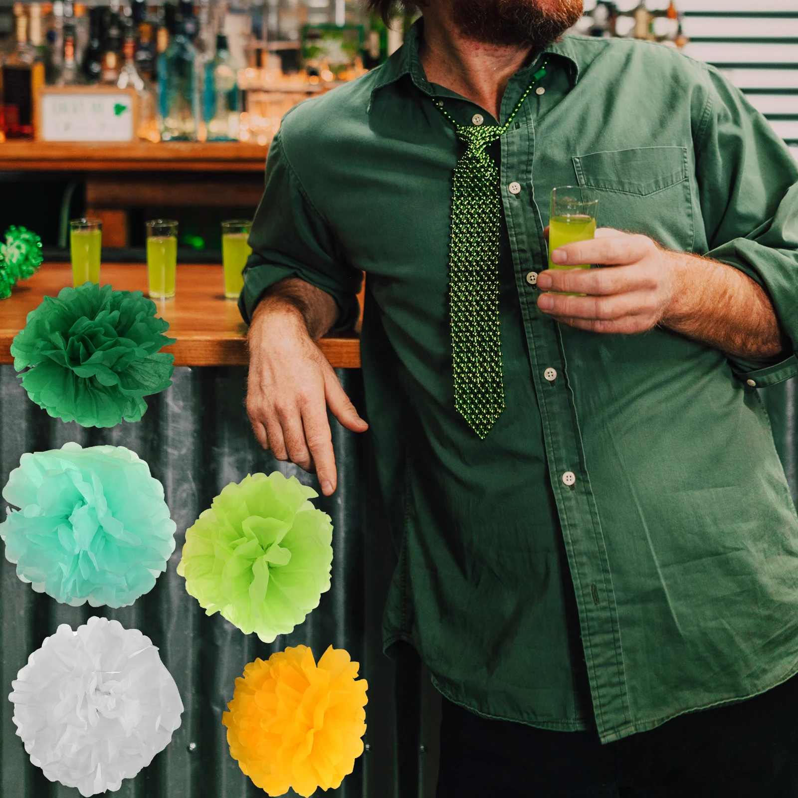 

15PCS Green Flower Balls Decorative Hanging Vivid Paper Pom Poms Balls for Ceiling St Patrick Day Party Supplies