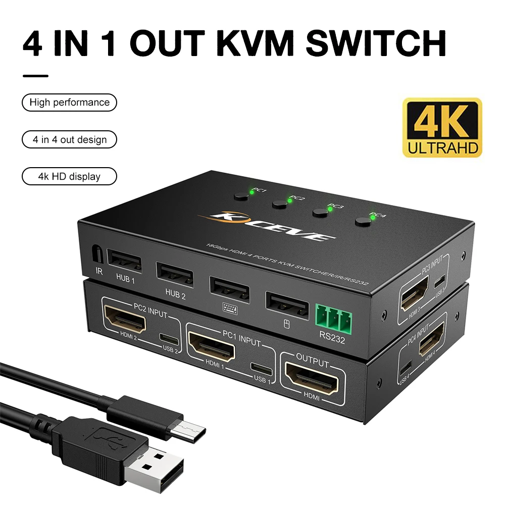 4 Ports KVM Switch HD 4K Scanner USB KVM Switch 4 In 1 Out Shared Keyboard Mouse Display Key Switch RS232 Serial Port Control