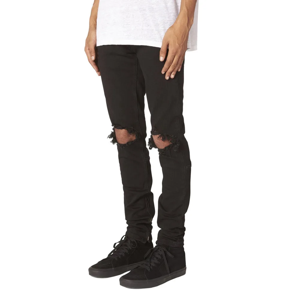 2022 Mens Jeans Holes Black Stretch Slim Button Placket Denim Pants Streetwear Men Full Length Trousers
