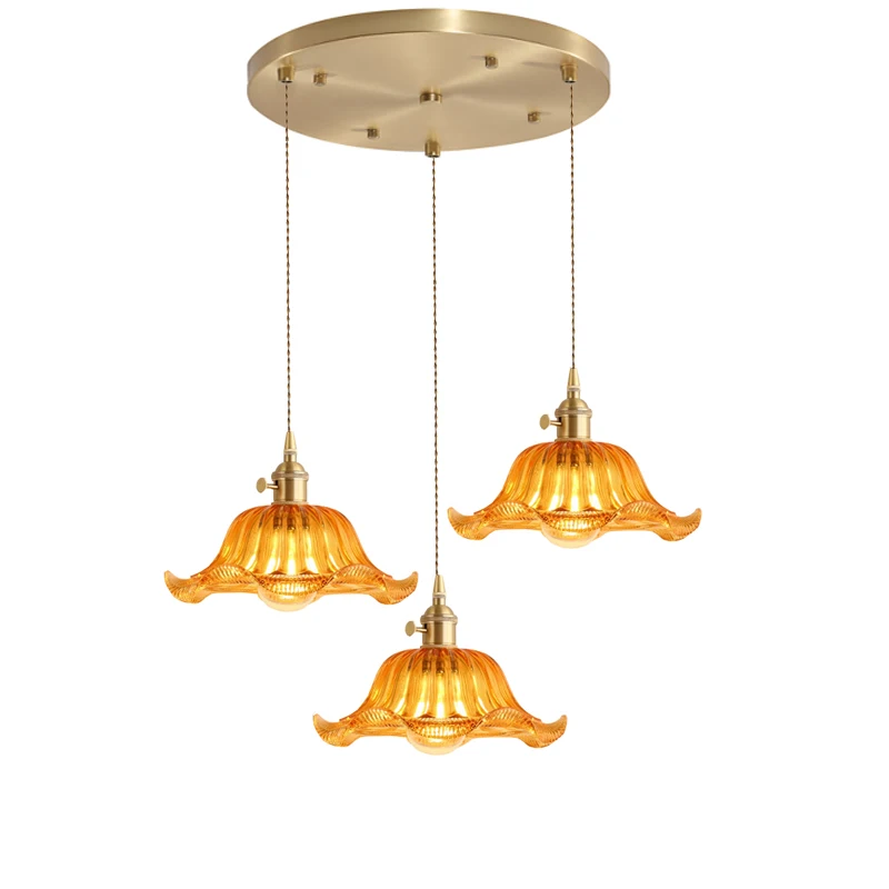 Vintage Pressed Glass Pendant Lamp Lotus Leaf Ceiling Chandelier Brass Dining Room Hotel Suspension Hanging Light Kitchen Island