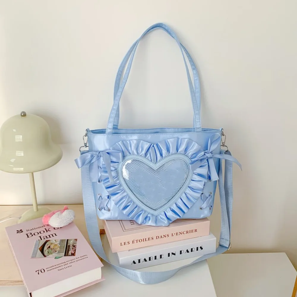 

Portable Lace-up Heart Itabag PU Love PVC Transparent Shoulder Bag Nylon Solid Color Bow Handbag Men