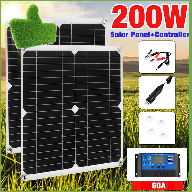 

200W Solar Panel Kit With 60A Controller DC 18V Portable Power Charger for Bank Battery Camping Car Boat RV Plate Panels