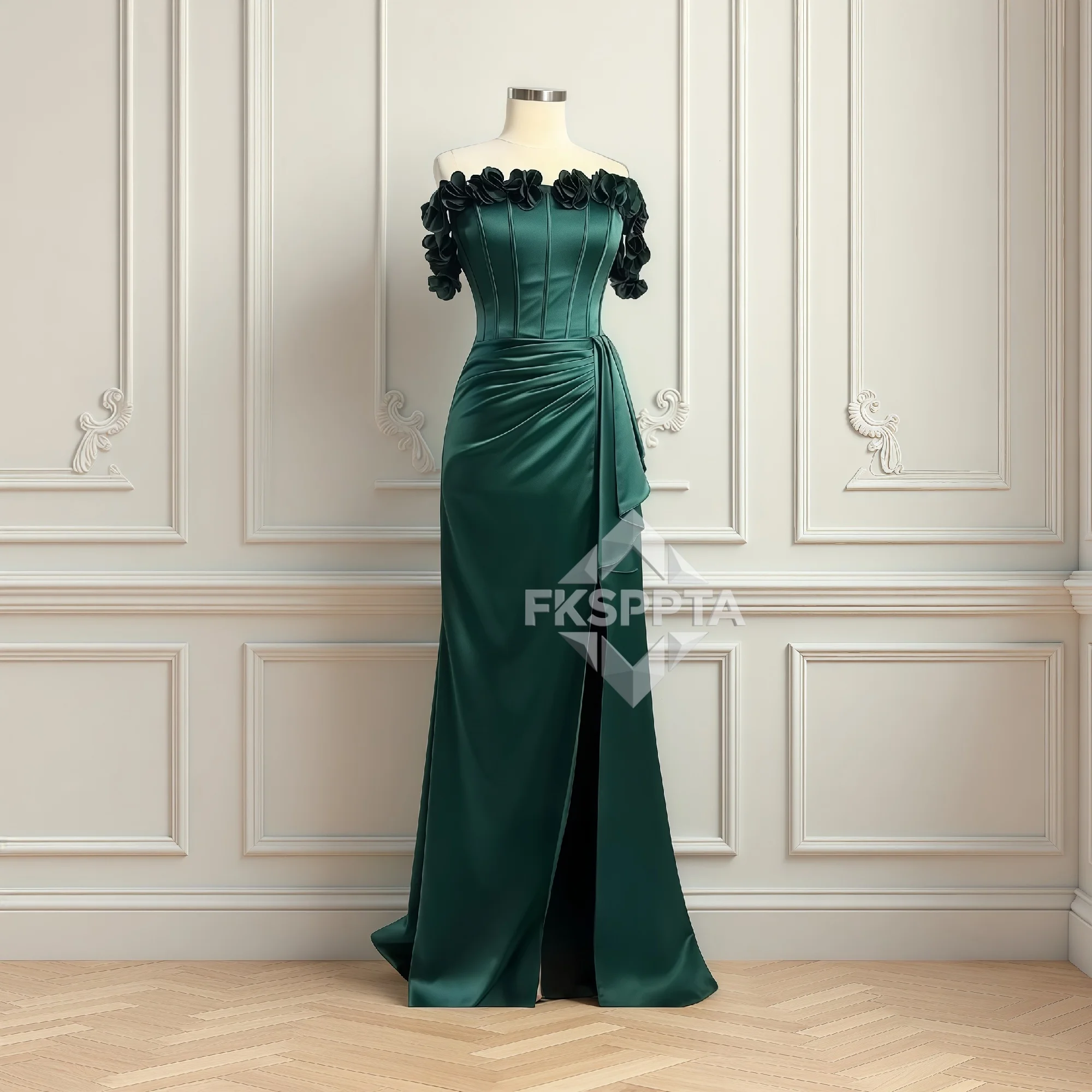 Robe De soirée élégante verte avec fleurs, style sirène, épaules dénudées, Maxi, robes De soirée De mariage pour femmes, sur mesure, 2026