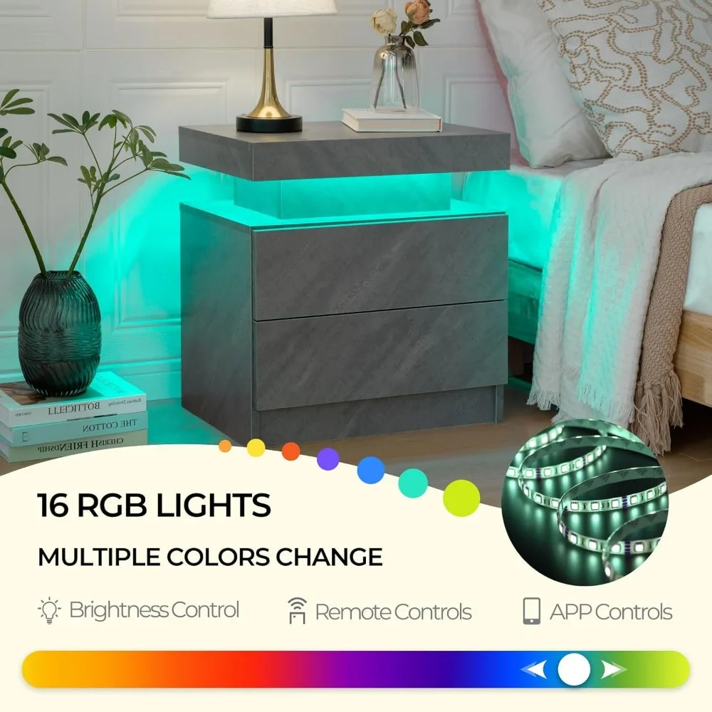 Meja Malam Modern LED dengan 2 Laci untuk Kamar Tidur, Meja Malam Desain Ramping untuk Penerangan Malam Hari
