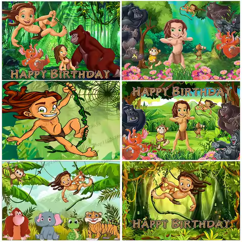Cartoon Tarzan Birthday Backdrop Baby Boy Party Photography Background Decoration Ideas Safari Jungle Photo Poster Banner Props