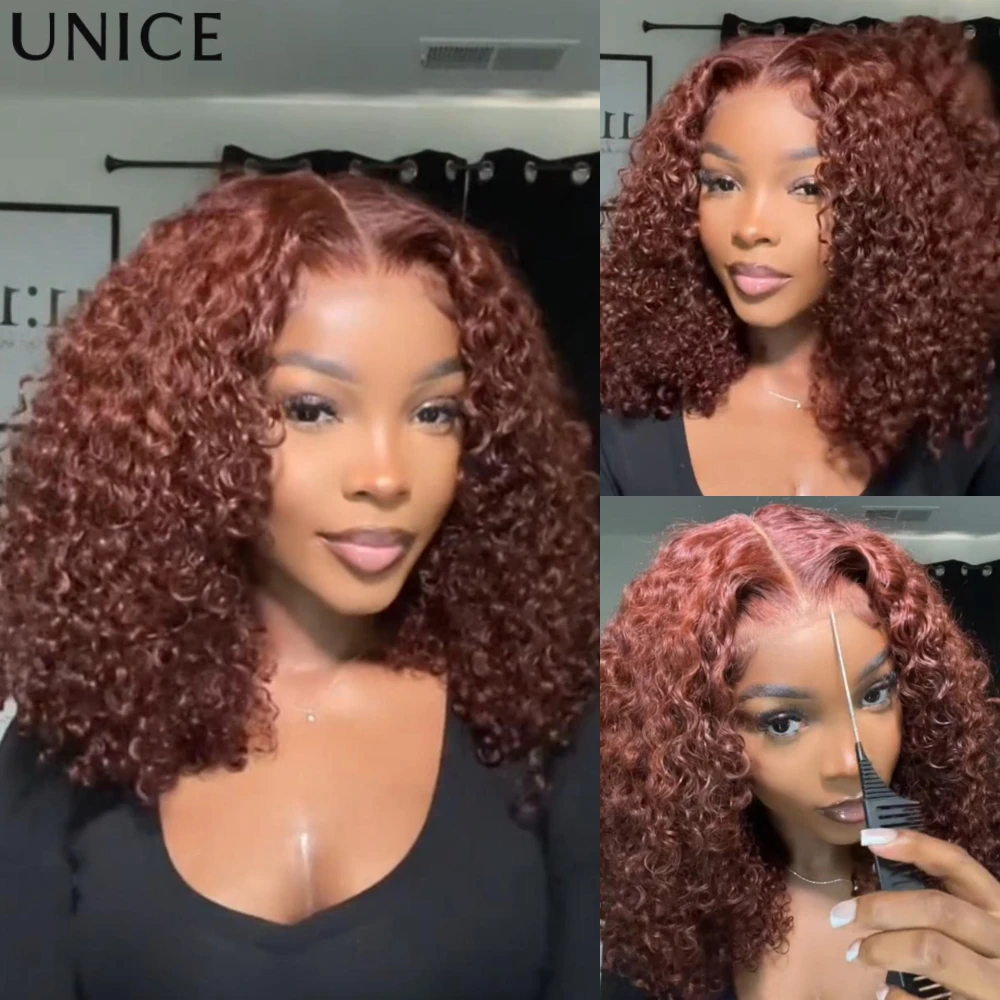 UNice Bye-Bye Slip 7x5 Lace Reddish Brown Burmese Curly Wig With Finger Coil Ends Pre Cut Glueless Wig Human Hair Ready To Go view 3