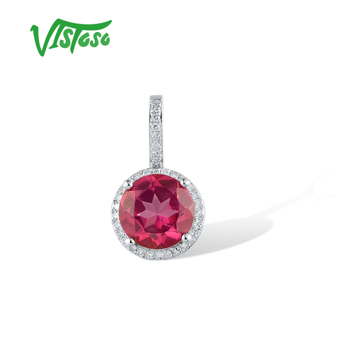 VISTOSO Real 14K 585 White Gold Pendant For Women Sparkling Diamond Pink Topaz Round Solitaire Wedding Anniversary Fine Jewelry