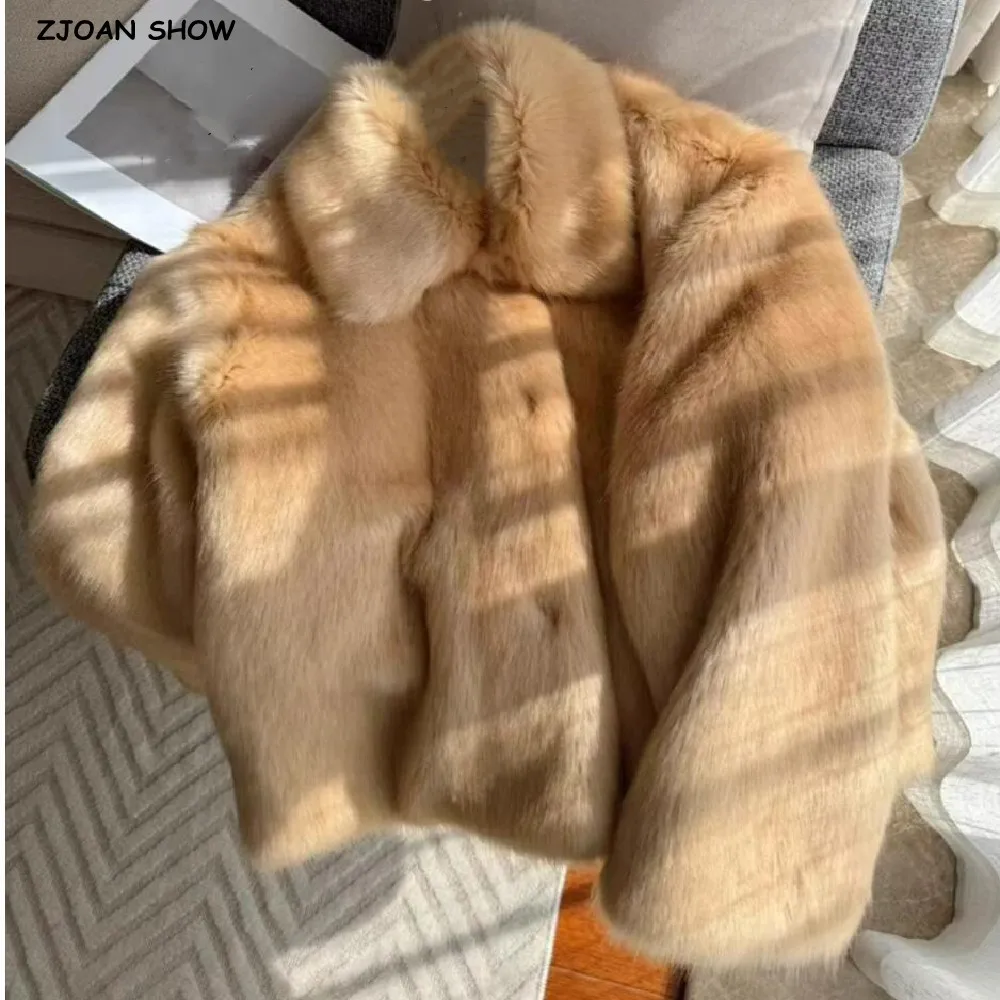 Winter Camel Lapel Collar Hairy Shaggy Fox Faux Fur Coat Retro Full sleeve Furry Fur Women Covered Buttons Loose Outerwear