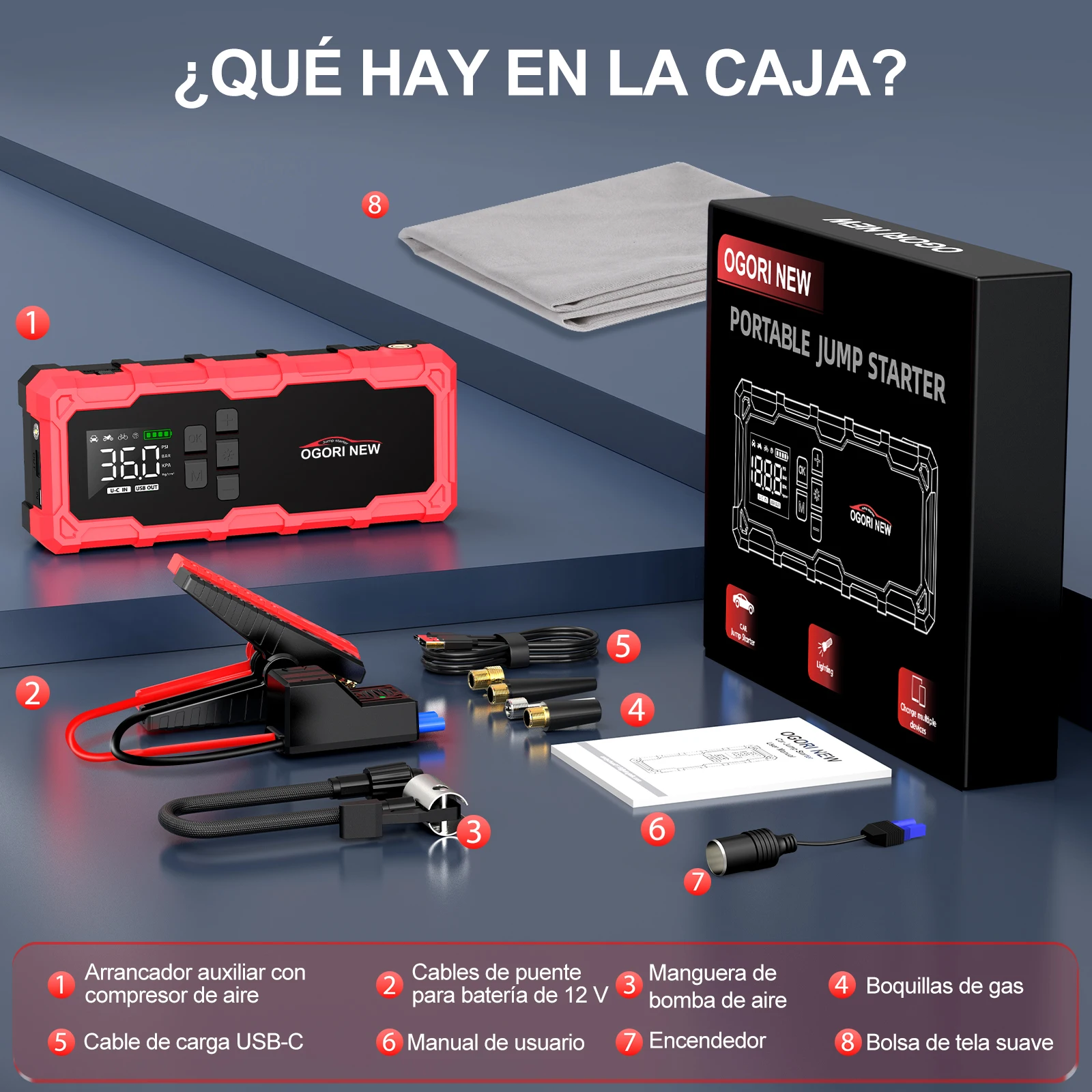 Jump Starter with Air Compressor 150PSI, 8000/9000A Portable Car Battery Booster (All Gas/16L Diesel)