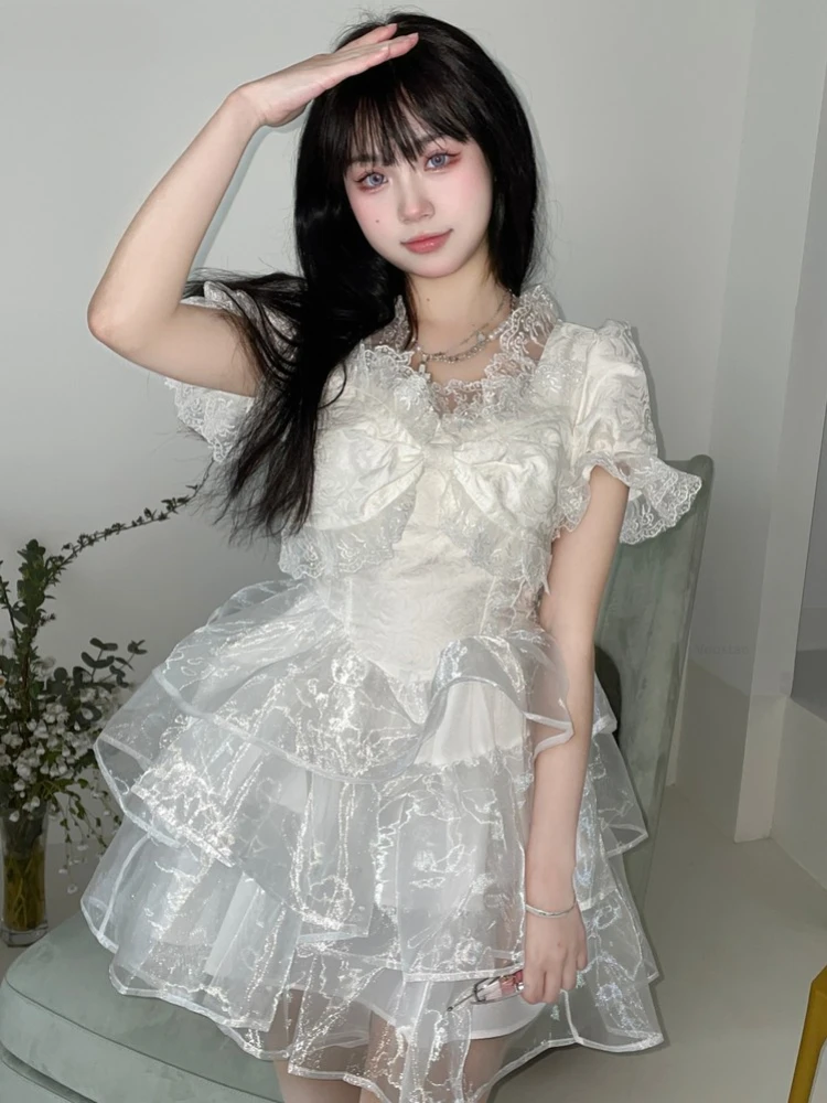 Vestido Lolita Fofo para Mulheres e Meninas, Renda Japonesa, Babados, Super Mini Vestidos, Malha, Festa da Princesa, Kawaii, Doce, Lolita