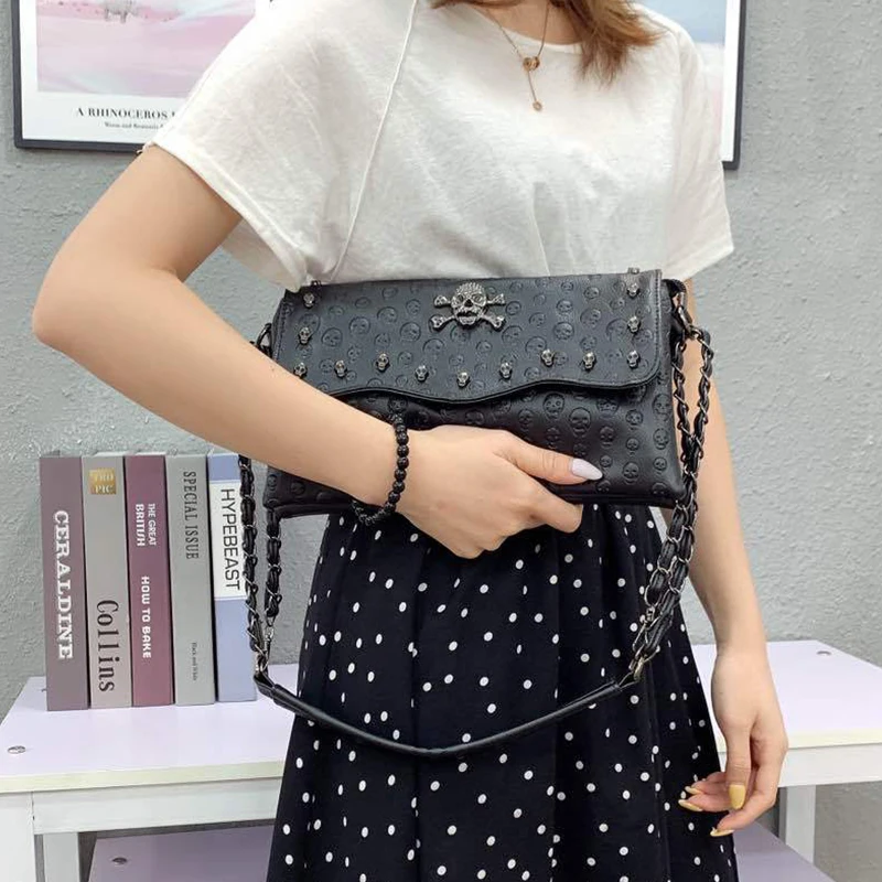 JIEROTYX Fashion Women PU Leather Skull Handbag Shoulder Bag Woman 2022 New Sexy Chains Female Bag Black Skeleton Rivet Good