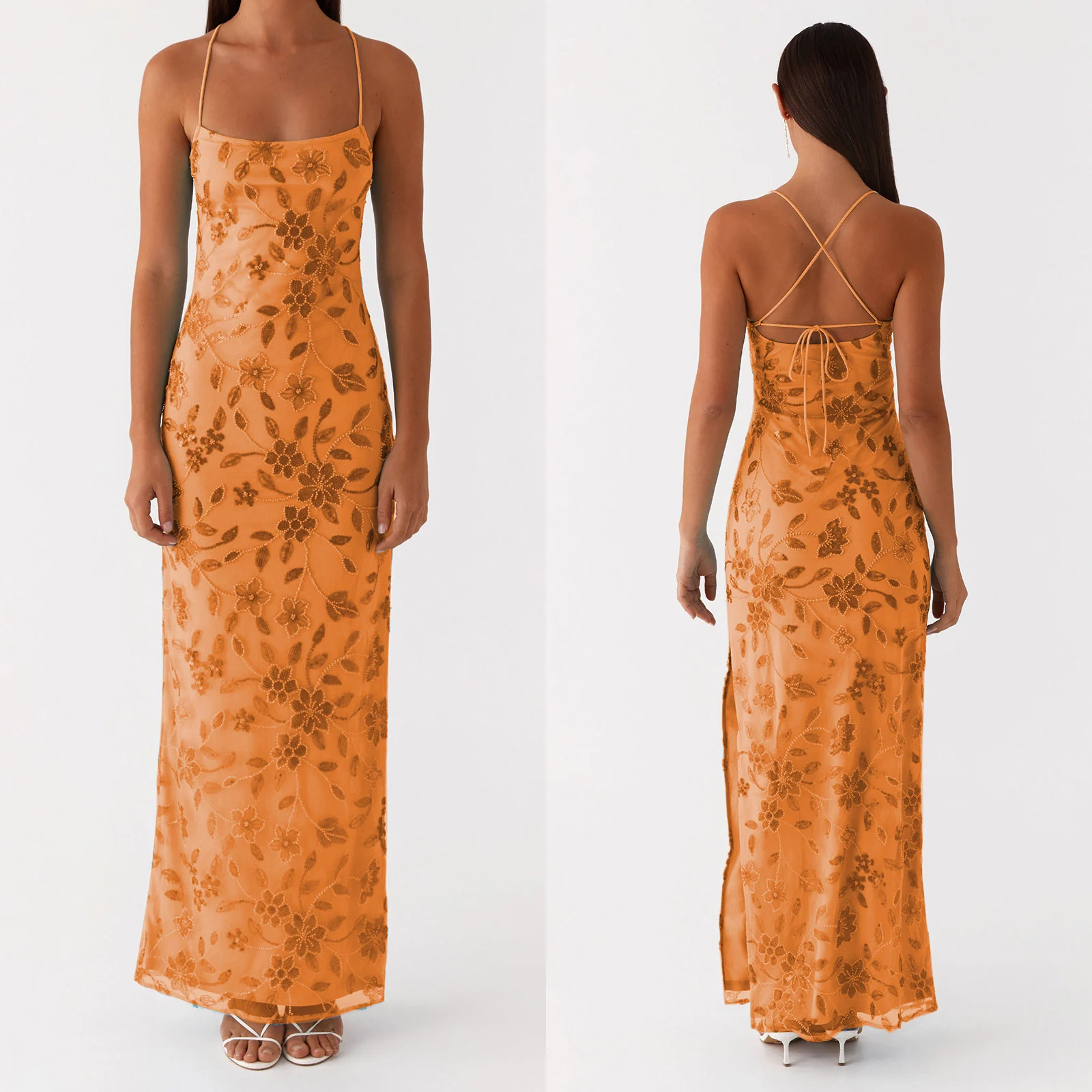 2025 여성 페르시 꽃 캐미 드레스 슬림 반짝이 스팽글 높은 분할 스파게티 스트랩 오픈 백 롱 드레스 파티 클럽 베스 티드