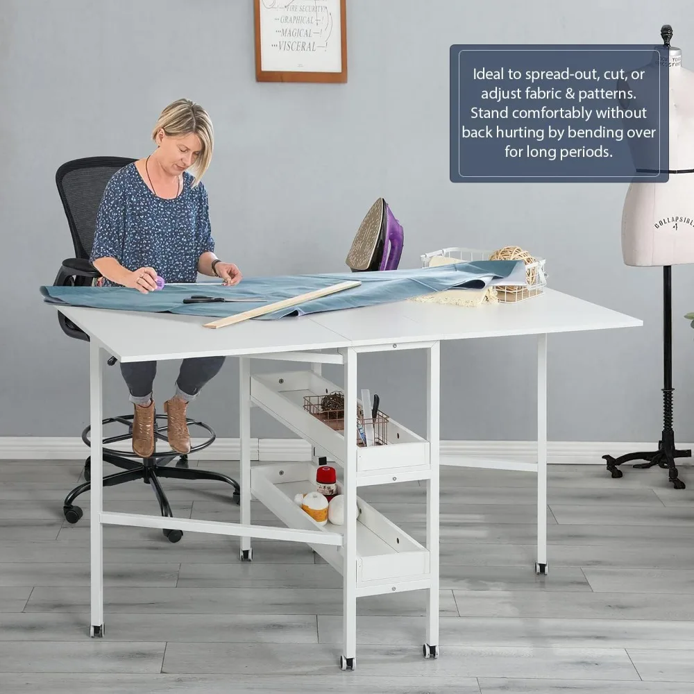 

Foldable table with storage rack, mobile folding cutting table for large fabrics, for home office sewing room craft room