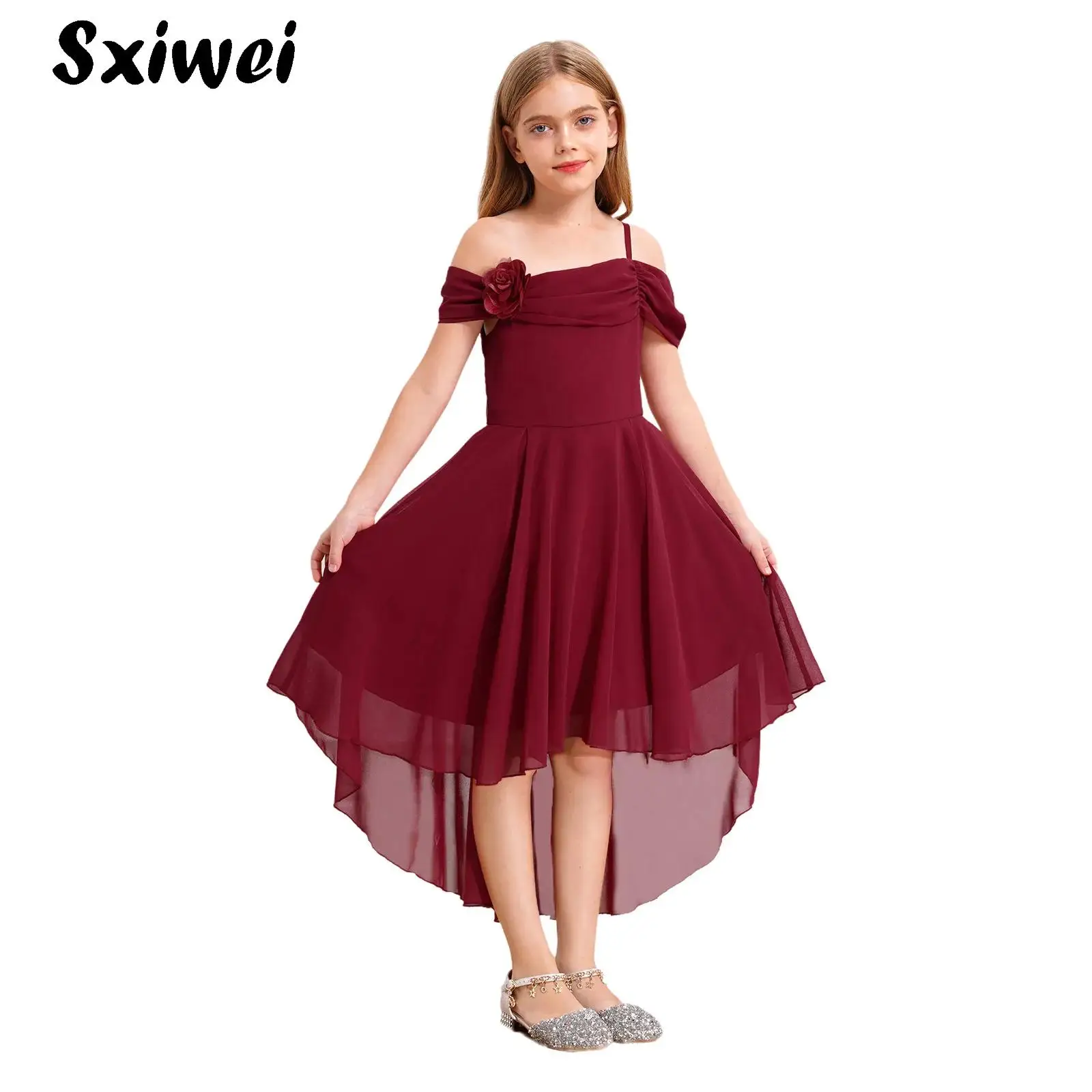 

Kids Girl High Low Flower Girls Wedding Chiffon Dress Off Shoulder Sleeveless Evening Party Summer Dress Junior Bridesmaid Dress
