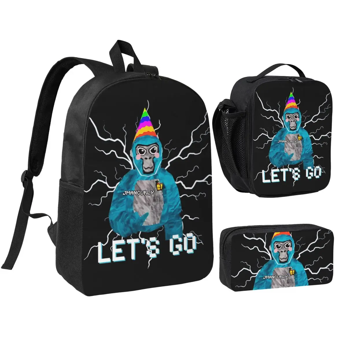 Lets Go Gorilla Tag 3pecs/set Backpack for Teenage Game Monkeys College Daypack Lunch bag Pencil Case