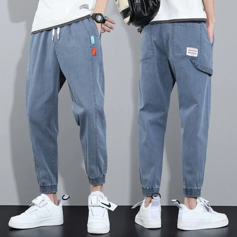 

New Spring and Autumn 2022 Fashion Handsome Jeans Men's Loose Drawtring Elastic Leg Pants Korean Casual Cowboy Harem Pants Men