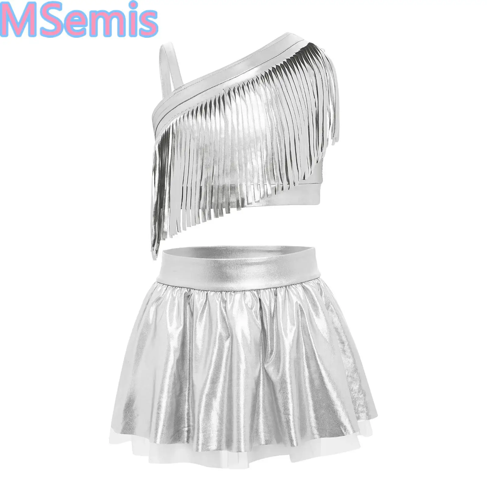 Kids Girls Jazz Dance Figure Skating Modern Dance Costume 2pcs Dancer Outfit Set Metallic Tassels Crop Top with Shiny Tutu Skirt