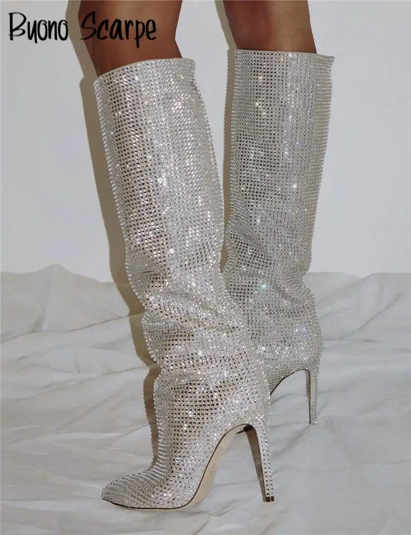 Rhinestone Women High Heel Boots 11.5cm Thin Heel Crystal Knee High Boots Ladies Slip On Strass Botas Pointed Holly Bling Heels