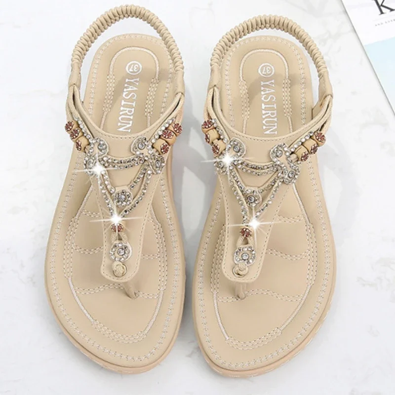 2023Shoes Women  Summer Rome Sandals Retro Clip Toe Rhinestone Wedge Platform Beach Bohemian Flip Flops Sandalias De Mujer