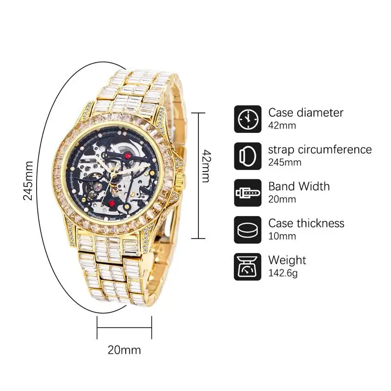 Missfox Fashion Skelet Horloge Voor Mannen Hiphop Big Square Diamond Bling Horloge Mans Luxe Automatisch Mechanisch Polshorloj