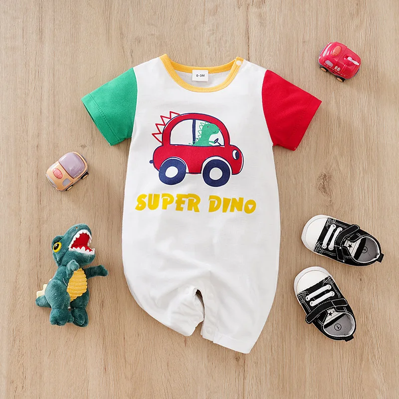 Newborn Clothes Cute Cartoon Car Printed Cotton Comfortable And Soft Boys And Girls Summer 0-18 Short Sleeved Baby Jumpsuit