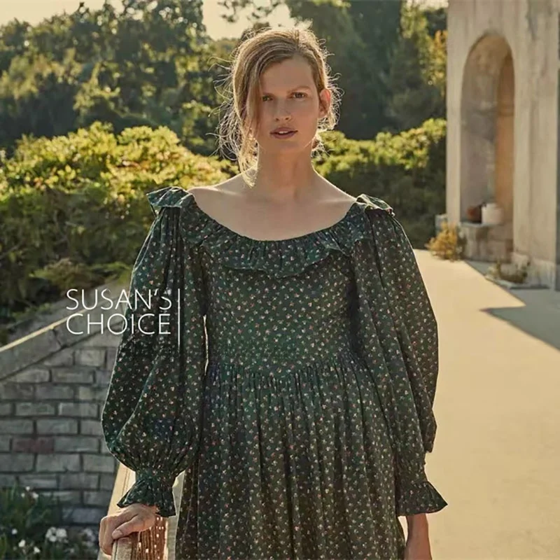 スーザン・エレ・フローラルプリント・ロングスリーブ・ミディ丈ワンピース レディース ハイウエスト コットンガーゼ 春ファッション カジュアルワンピース