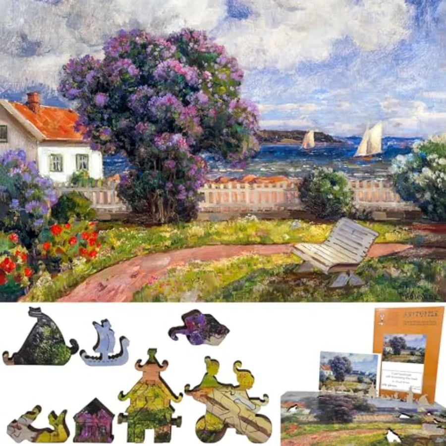 

Wooden Jigsaw Puzzle for Adults - Uniquely Shaped Pieces - Made in The USA by - 434 Pieces - Coast Landscape with Blossoming Li