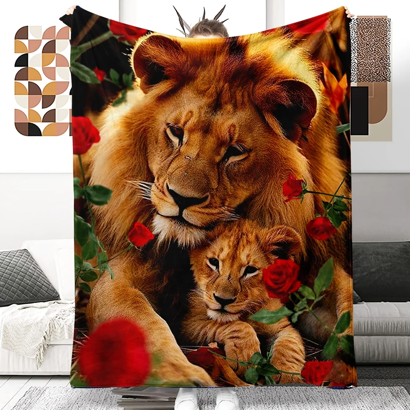 

1pc French Style Lion Family Digital Print Flannel Fleece Blanket, All-Season Cozy Knitted Polyester Throw with Animal Theme