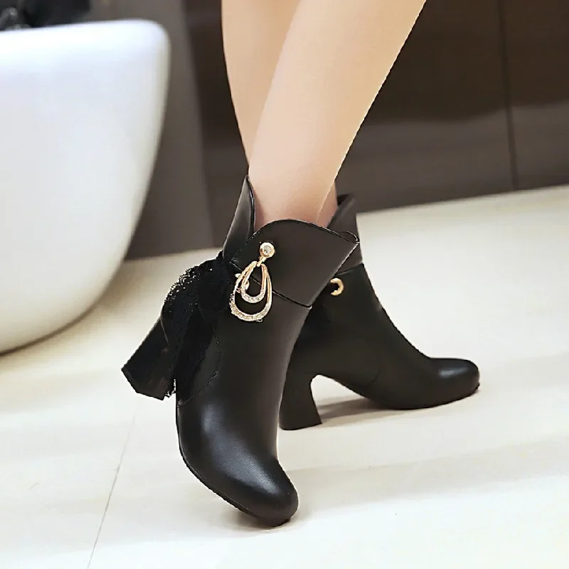 2024 White Ladies Ankle Boots Autumn Square Mid Heels Female Round Toe PU Leather Boots Ladies Casual Slip Women Shoes Boots