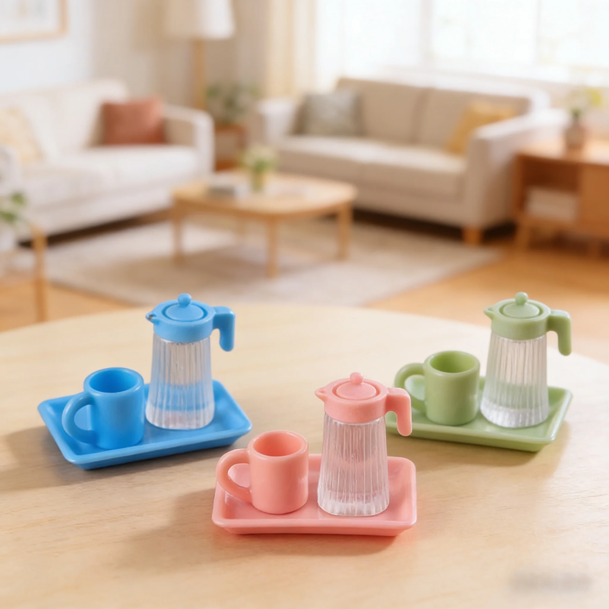 1/12 Puppenhaus Miniatur-Lebensmittel-Spielzeug Dekorationen Mini-Wasserbecher und Wasserkocher-Tablett Puppenzubehör Spielzeug