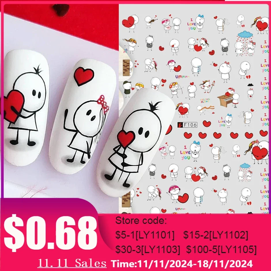 3D Valentines Lover Stickers For Manicure Cute Cartoon Romantic Letter Black Simple Line Girl Heart DIY Decoration Decals LYF106