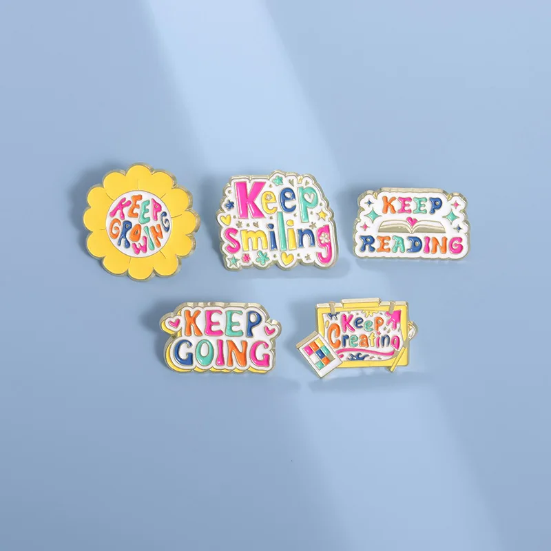 Inspiring Rainbow Quotes Brooches Keep Growing Smiling Reading Creating Enamel Pins Backpack Lapel Badge Gift For Kids Wholesale