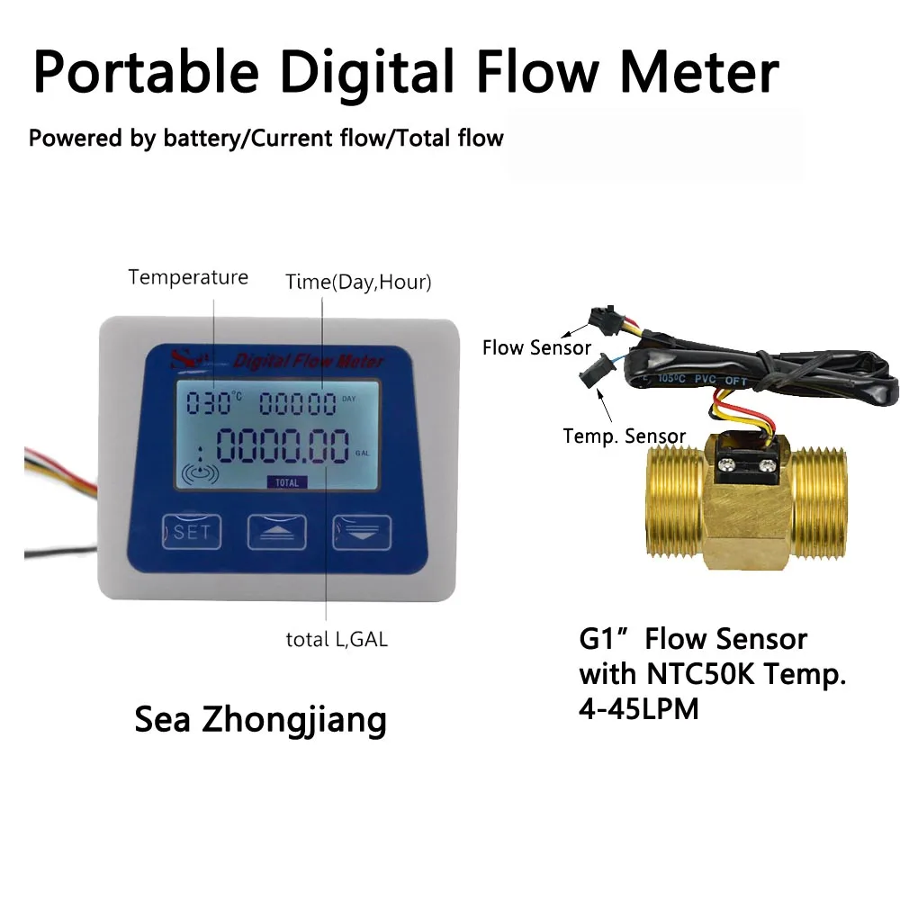 

Battery Type Display And G1" Water Flow Sensor Meter Sea Zhong Jiang Digital Flowmeter Integrated with Temperature Sensor NTC50K