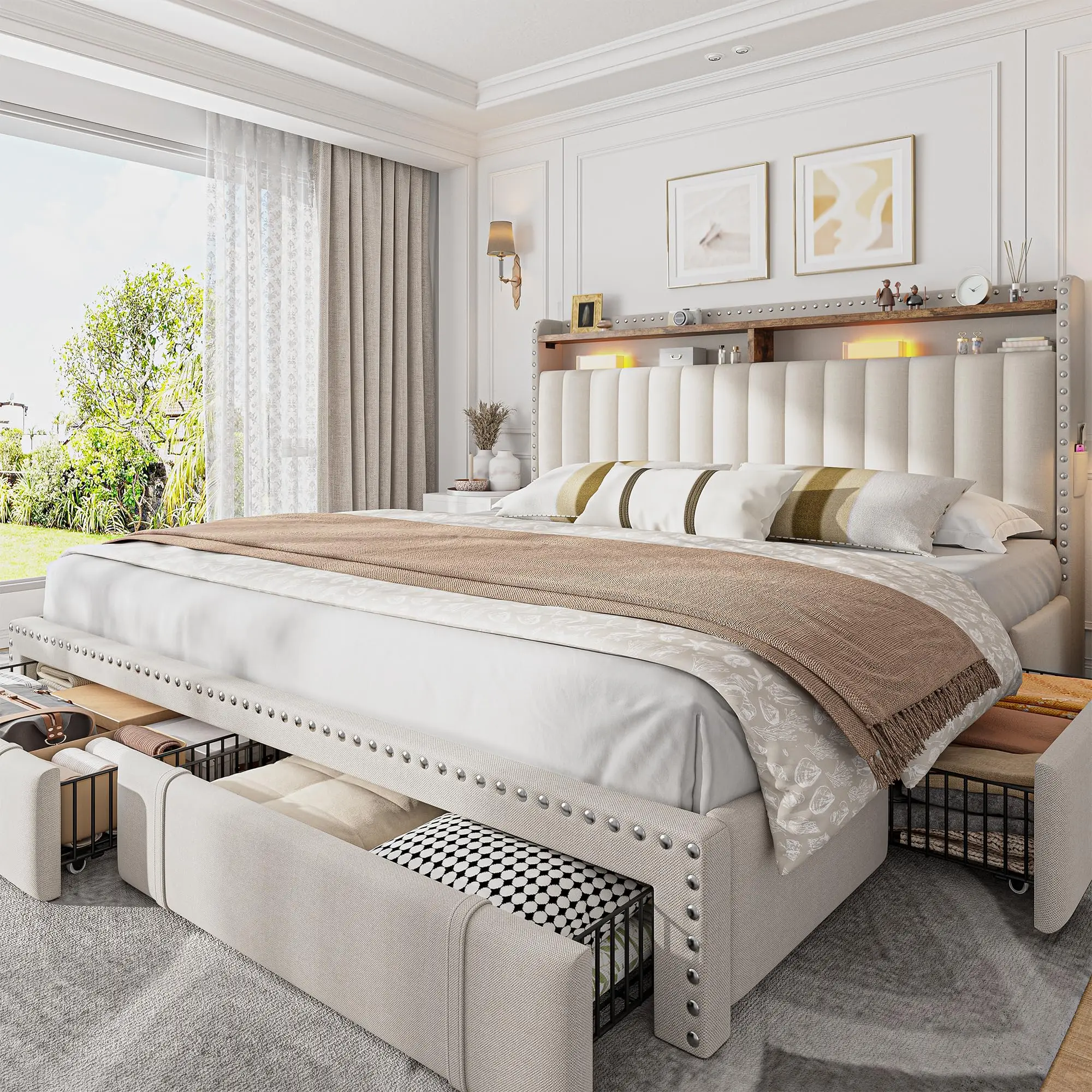 King Size Bed Frame With Storage Drawers - إطار سرير بحجم كينج مع 4